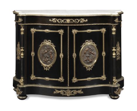 A Napoleon III ormolu and copper mounted ebony serpentine meuble d'appui or side cabinetthe copper plaques by Mme. Leon Berta