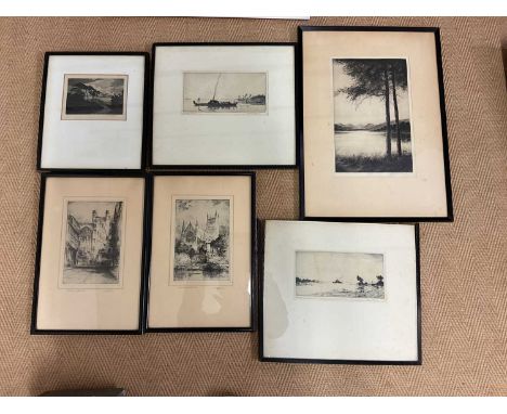 Five framed etchings to include two by F. Robson, titled Chester Cathedral and Winchester Cathedral, each 21cm x 14cm, and si