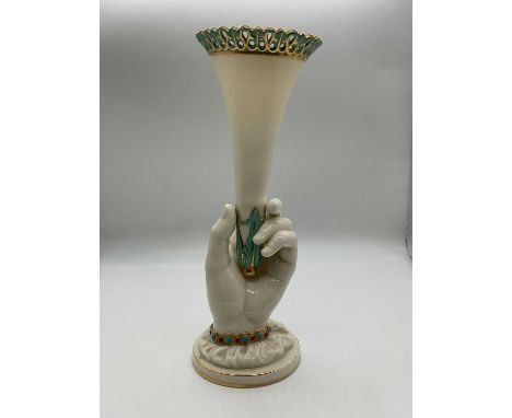 ROYAL WORCESTER; a 'Mrs Hadley's Hand' vase supporting a detachable pierced trumpet shaped vase, with turquoise painted detai