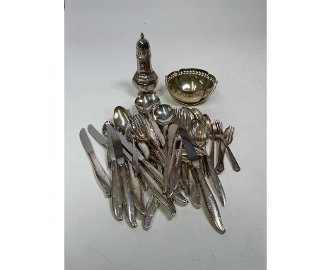 A silver plated sifter, bowl and flatware