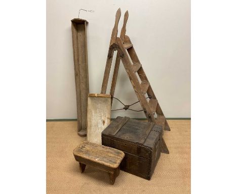 A mixed furniture lot including a ladder, a crate, troughs and a bench.