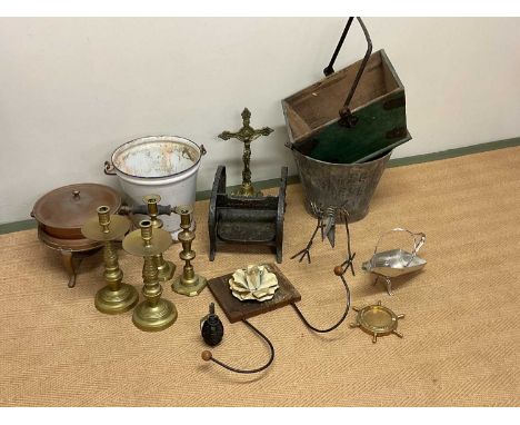 A quantity of assorted metalware including enamel and galvanised buckets, brass candlesticks, cast iron boot scraper, brass a