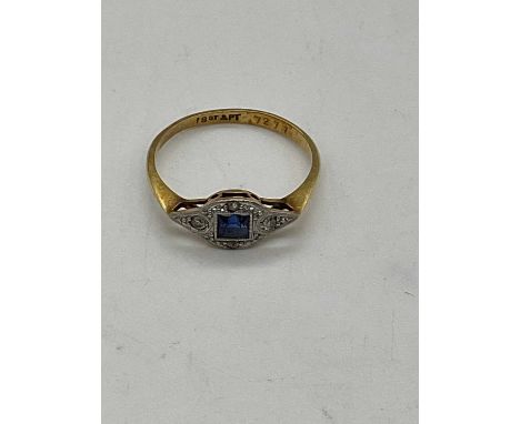 An 18ct yellow gold platinum tipped sapphire and diamond chip Art Deco design ring, size J1/2, approx. 1.6g.