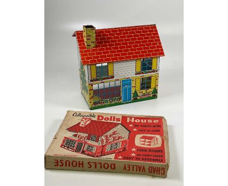 CHAD VALLEY; a collapsible 1960s tin doll's house, brightly coloured and with four rooms, open back and complete with chimney