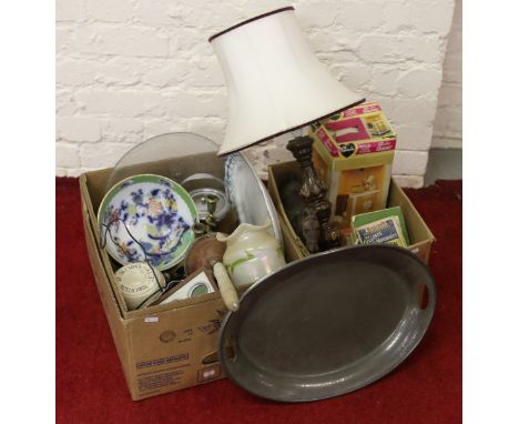 A good box of miscellaneous to include Loetz style pearlescent vase, Carltonware pedestal fruit bowl, Robertson Sandersons of