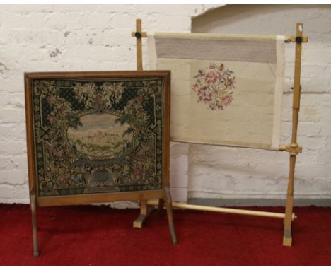 An oak framed firescreen set with tapestry along with ash framed tapestry frame.