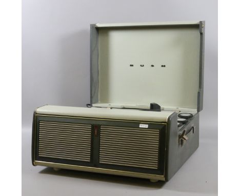 A vintage portable Bush record player with automatic changer and 16 to 78 rpm dial.