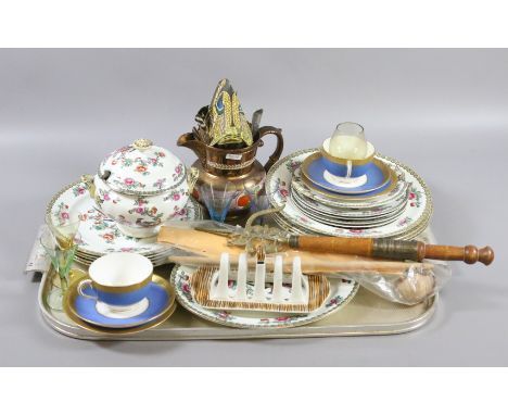 A Whieldon ware part dinner service decorated with pheasants, a copper lustre jug and two Royal Worcester trios along with fo