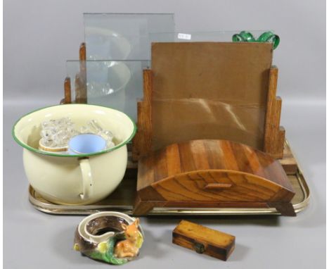 A tray of collectables including enamel chamber pot, Art Deco picture frames, commemorative wares, Hornsea pottery and a gree