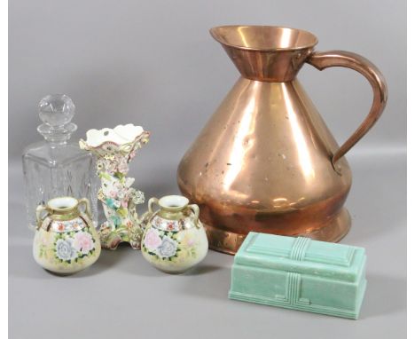 A large Victorian copper jug, pair of Noritake vases, glass decanter, Ridgeway vase and an Art Deco box.