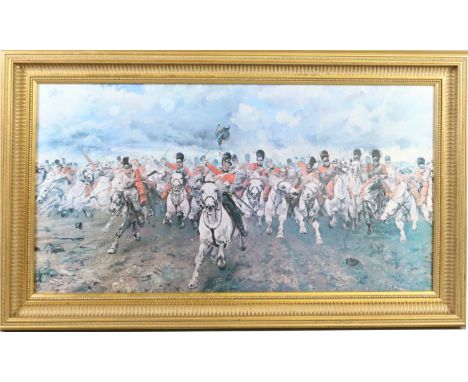 A gilt framed print after Lady Butler. Royal Scots Greys in battle charge.