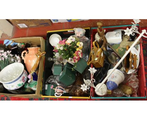 Three boxes of miscellaneous to include Losel ware chamber pot, Indian brass tray, collectors tea pots, ornamental wares, Wad