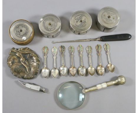 A magnifying glass, an Art Nouveau style bronze dish, four money boxes, a quantity of cutlery and a penknife.