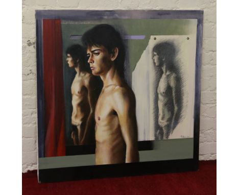 A large unframed oil on canvas nude portrait of a young man in three studies.