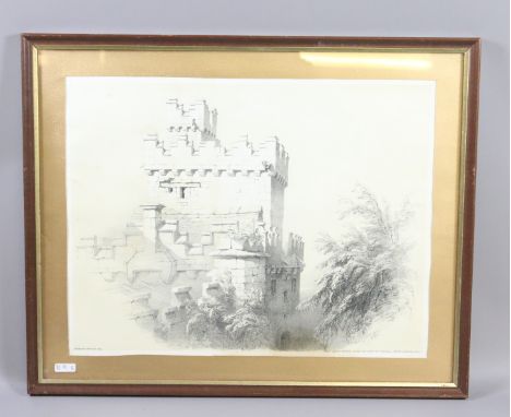 A framed print depicting King Johns Tower from the roof of the ball room Haddon Hall.