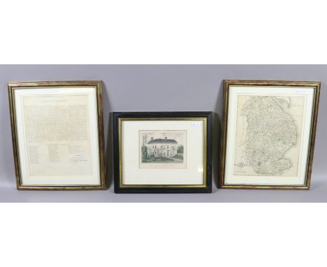 A gilt framed map of Lincolnshire along with a framed Lincolnshire related print and birthplace of the Rev John Wesley.