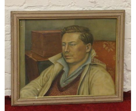 A framed oil on canvas portrait of a seated man.