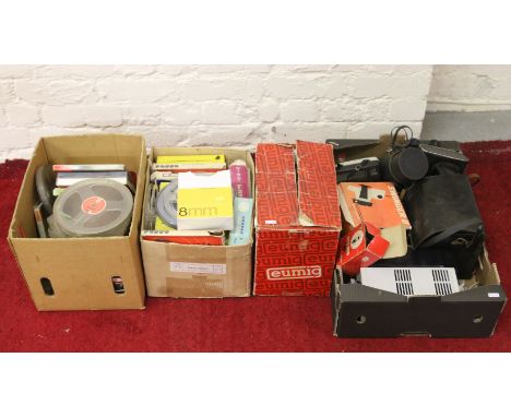 A box of photographic equipment to include Rank Aldis projector, Polaroid Swinger II land camera, Zenith 35mm camera lenses, 