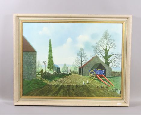 A 1950s framed print farmyard scene.