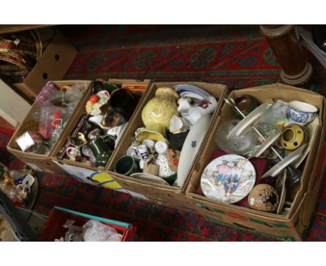 Four boxes of miscellaneous pottery china and glass to include tea/dinner wares, ornaments, cake stands, vases, Poole, boxed 