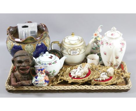 A good tray of collectables including Royal Doulton stoneware jardiniere, Noritake teapot, Masons jug and a novelty painted i