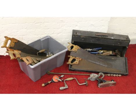 A joiners wooden tool box and contents to include chisels, saws, rasps and block planes along with a box of similar hand tool