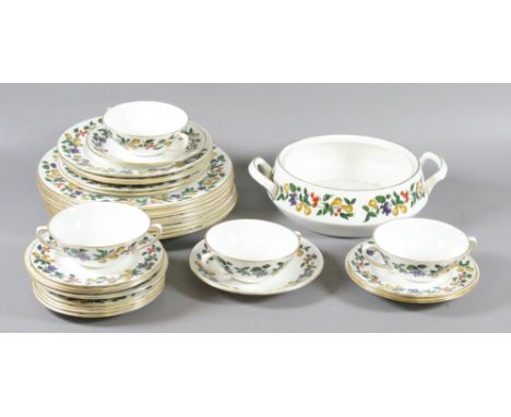 A Royal Crown Derby part tea and dinner service decorated with bands of fruit (twenty eight pieces).