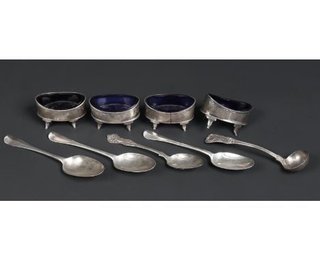 A collection of Antique English silver, nine pieces. Comprising four oval salt sellers with blue glass liners, London 1797, a