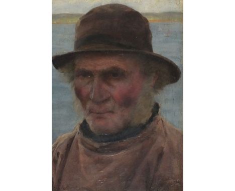 Percy R. CRAFT (1856-1934) Oil on mahogany panel Head and shoulder portrait of a fisherman in hat and smock Signed 9” x 6” (2