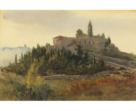 K. M---? (Late 19th / early 20th Century) Watercolour Continental landscape with hill top church / monastery Signed K. McC---