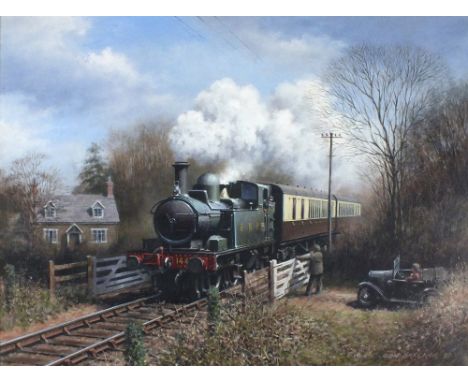 * Don BRECKON (1935-2013) Oil on canvas ‘Cottage Crossing’ – G.W.R. 1440 heads a local train on a branch line with an Austin 