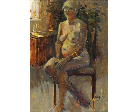 Patricia ALGAR (1939-2013) Oil on board Seated nude (self portrait) Signed 11” x 7.5” (28cm x 19cm)