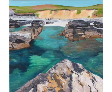 Claire LUCAS (b.1966) Oil on canvas ‘Godrevy Green’ – rocky foreshore Inscribed, signed and dated 2014 to verso 15.75” x 15.7