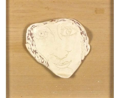 * Julian DYSON (1936-2003) Ceramic Face in slip and sgraffito decorated terracotta Mounted on backing board and framed Signed