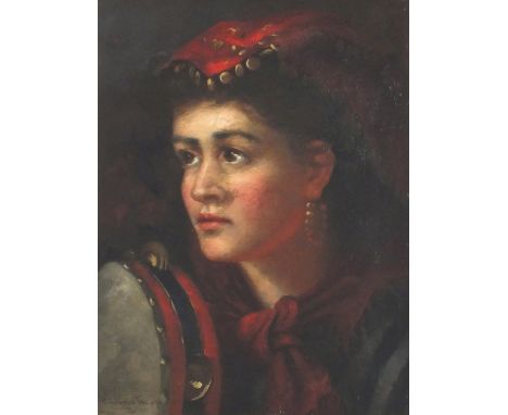 * Petronella TRUMP (19th/20th C. Dutch School) Oil on canvas A head and shoulder portrait of a gypsy girl holding a tambourin