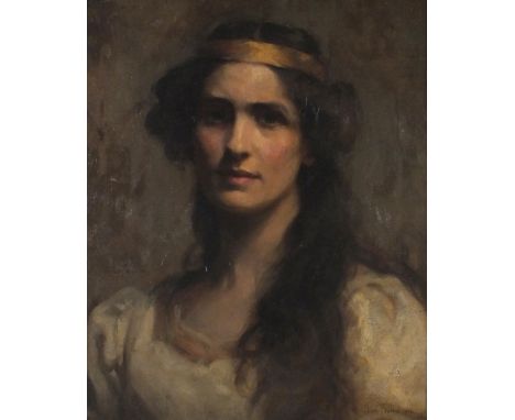 Newlyn School Oil on canvas Half portrait of a young woman with long brown hair wearing a head band 19.5” x 15.5” (49.5cm x 3