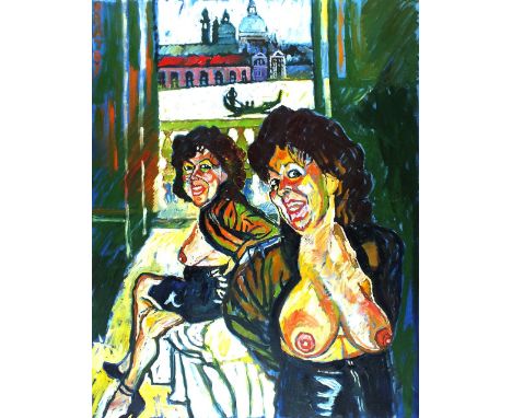* John R. BRATBY (1928-1992) Oil on canvas Venice double – Patti seated before a window with a view of the Grand Canal Signed
