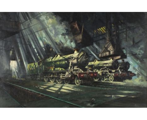 Alan KING (aka Akin of Malvern) Oil on board ‘County on Shed’ – Great Western Railway – 3 locomotives County of Worcester Abe