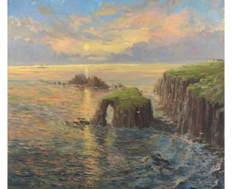 Richard WOOD (b.1950) Oil on canvas Evening Light – the Land’s End coast with distant Longships Lighthouse Cornwall Signed Un