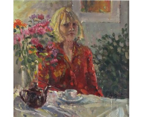 Patricia ALGAR (1939-2013) Oil on board Self portrait – the artist seated taking tea Signed 7.25” x 7.25” (18.4cm x 18.4cm)