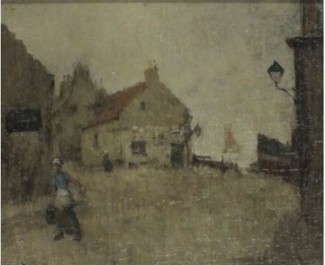 * David R. ANDERSON (1884-1973) Oil on canvas Figures on the street of a fishing village 9.75” x 12.5” (24.8cm x 31.7cm) Prov