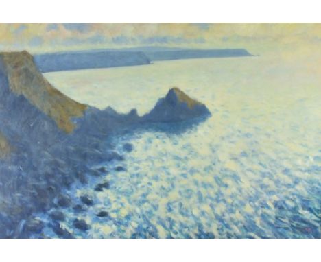 * Robert JONES (b.1943) Oil on board ‘Light on the water The North Cliffs Crane Island’ Inscribed, signed and dated 2001 to v