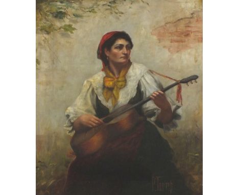 * Petronella TRUMP  (19th/20th C. Dutch School) Oil on canvas Portrait of a gypsy girl in red head scarf playing a guitar Sig