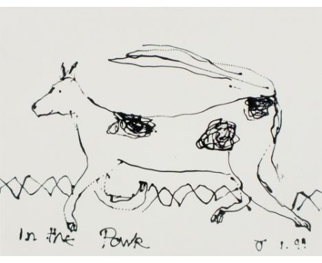 * Julian DYSON (1936-2003) Ink drawing on ceramic tile ‘In the Park’ – playful dog Inscribed Dated 01/(19)99 Signed with mono