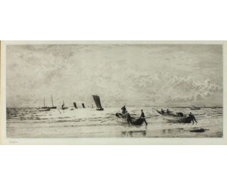 William L. WYLLIE  (1851-1931) Black and white etching Launching fishing boats from the shore with fleet offshore Signed in p