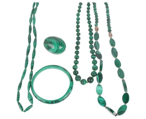Various malachite jewellery, including necklace, bangle and polished egg . Condition Report: Lot sold as seen unless specific