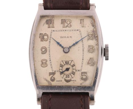 ROLEX - a Art Deco stainless steel mechanical wristwatch, ref. 2160, circa 1920s, Tonneau silvered dial with applied gilt Ara