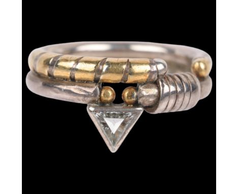 BARBARA BERTAGNOLLI - a silver and gold diamond band ring, rub-over set with triangular-cut diamond, setting height 10.6mm, s