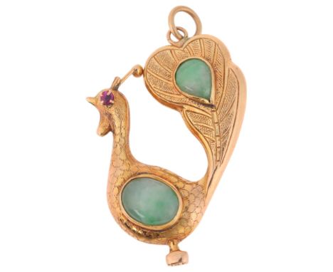 A Chinese 14ct gold jade and ruby peacock charm/pendant, 29mm, 3.6g . Condition Report: No damage or repair, all stones prese