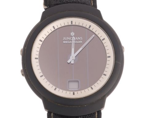 JUNGHANS - a black ceramic Mega Solar quartz wristwatch, ref. 018/1610, circa 1997, solar panel dial with pencil hands and bl